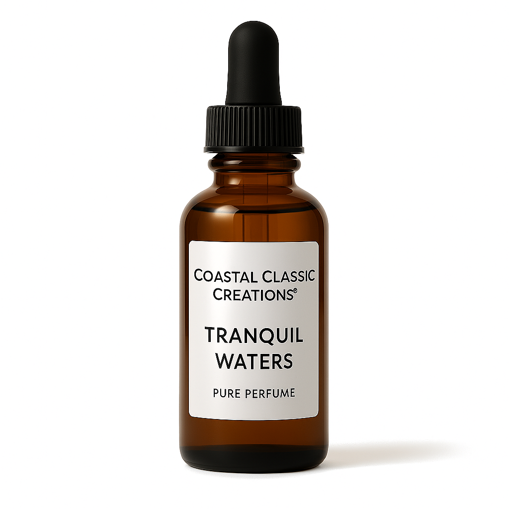 Amber dropper bottle labeled 'Tranquil Waters Pure Perfume' on a white background with soft shadow