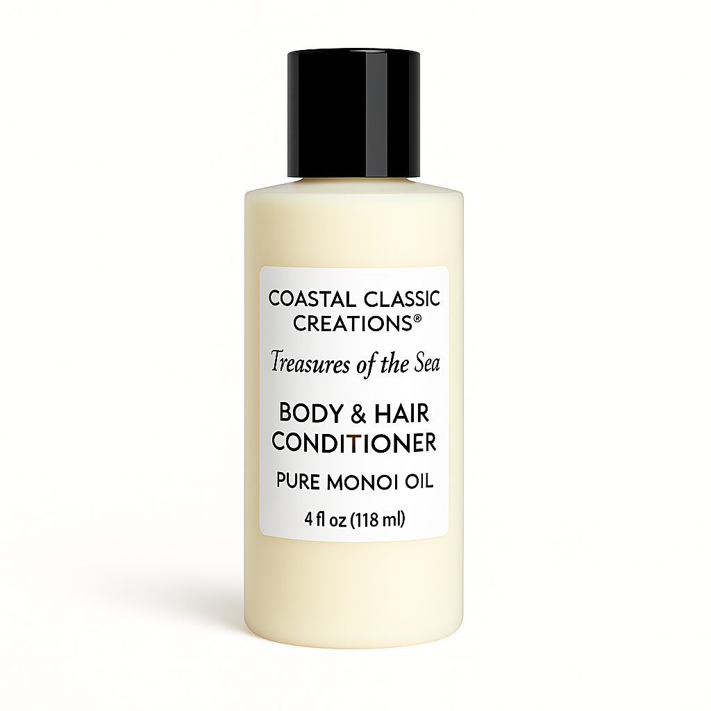 Product image of Coastal Classic Creations® Treasures of the Sea Monoi Oil Body & Hair Conditioner in a 4 fl oz (118 ml) bottle. The label features the brand name at the top, the product name in elegant script, and the text ‘BODY & HAIR CONDITIONER – Pure Monoi Oil’ centered on a white background with a black cap.