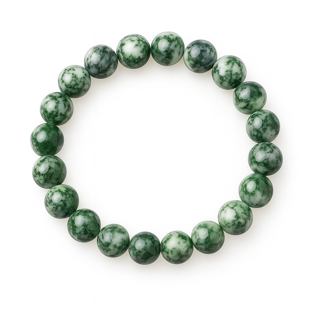 Stretch cord bracelet with polished 8mm tree agate gemstones arranged in a circle on a white background