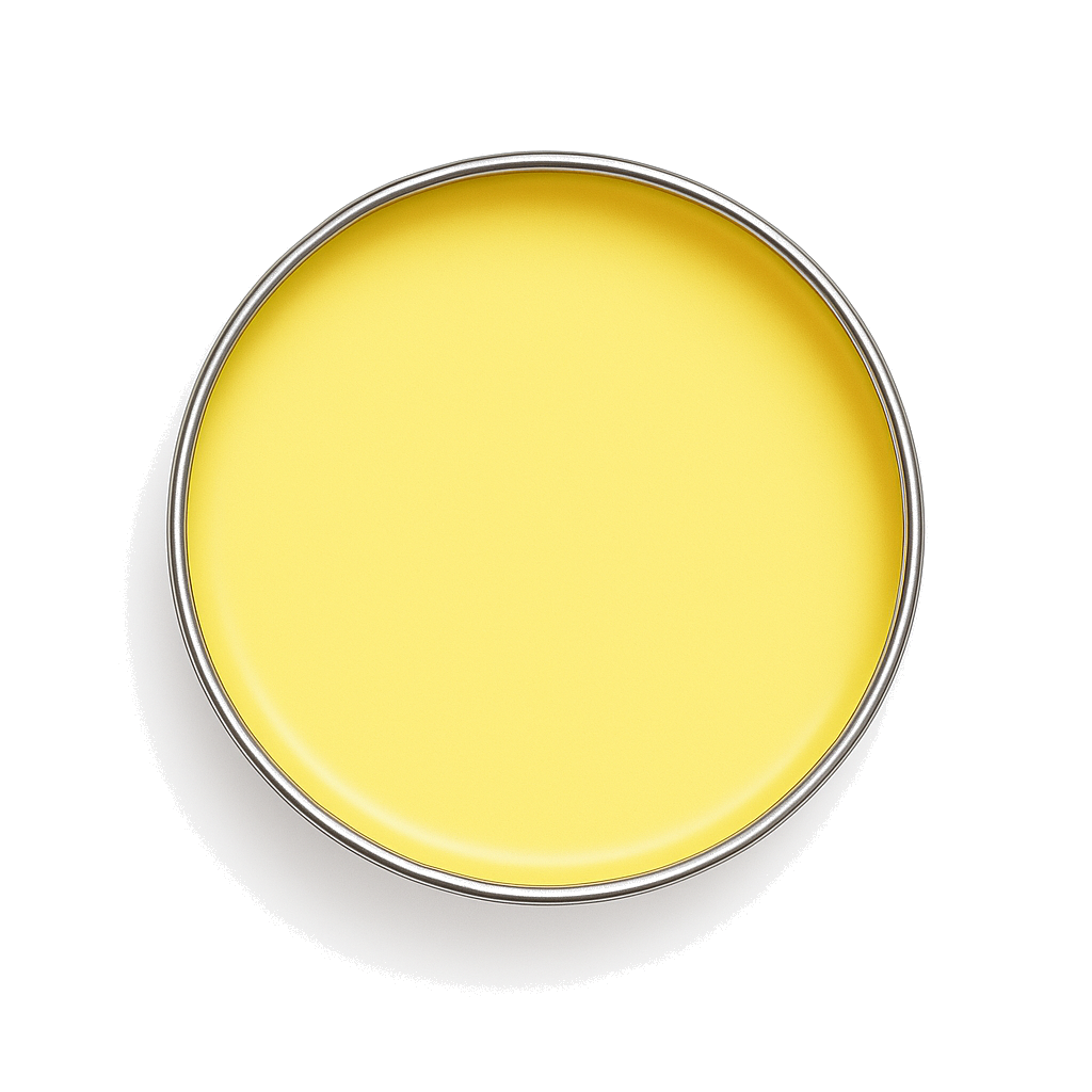 Overhead view of silver tin with vibrant yellow cream, smooth texture, and rich appearance, set on a clean white background