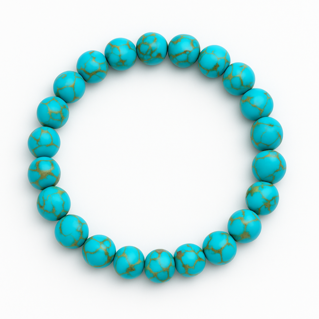 Stretch bracelet with polished 8mm turquoise beads featuring tan-brown veining, arranged in a circle on white background