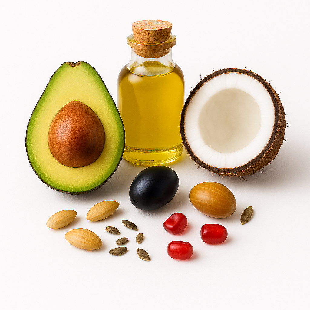 Avocado half, coconut half, and a glass bottle of golden oil with surrounding seeds on a white background, representing vegetable carrier oils