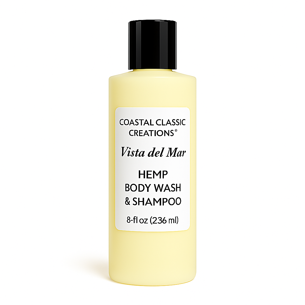 Light yellow bottle of Vista del Mar Hemp Body Wash & Shampoo by Coastal Classic Creations®, featuring a black cap and a clear label with bold black text, set against a white background