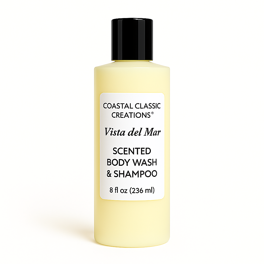 Light yellow bottle of Vista del Mar Scented Body Wash & Shampoo by Coastal Classic Creations®, shown with a black cap and clean product label on a white background