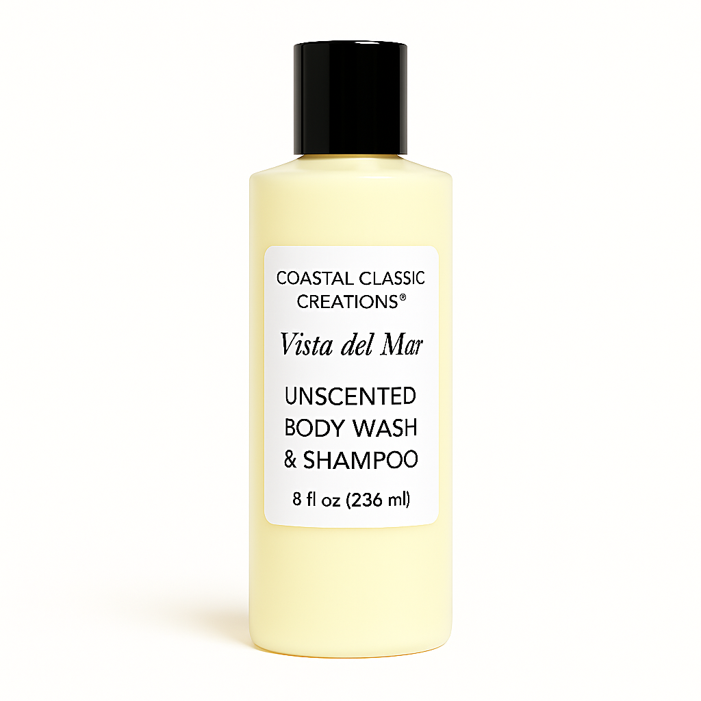 Coastal Classic Creations® Vista del Mar Unscented Body Wash & Shampoo shown in a pale yellow 8 fl oz (236 ml) bottle with a black cap and minimalist white label, set against a pure white background