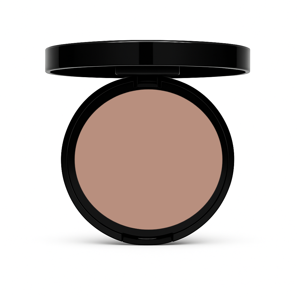 Open black compact of Matte Powder Foundation in Warm Umber with medium-deep warm brown pressed powder on white background
