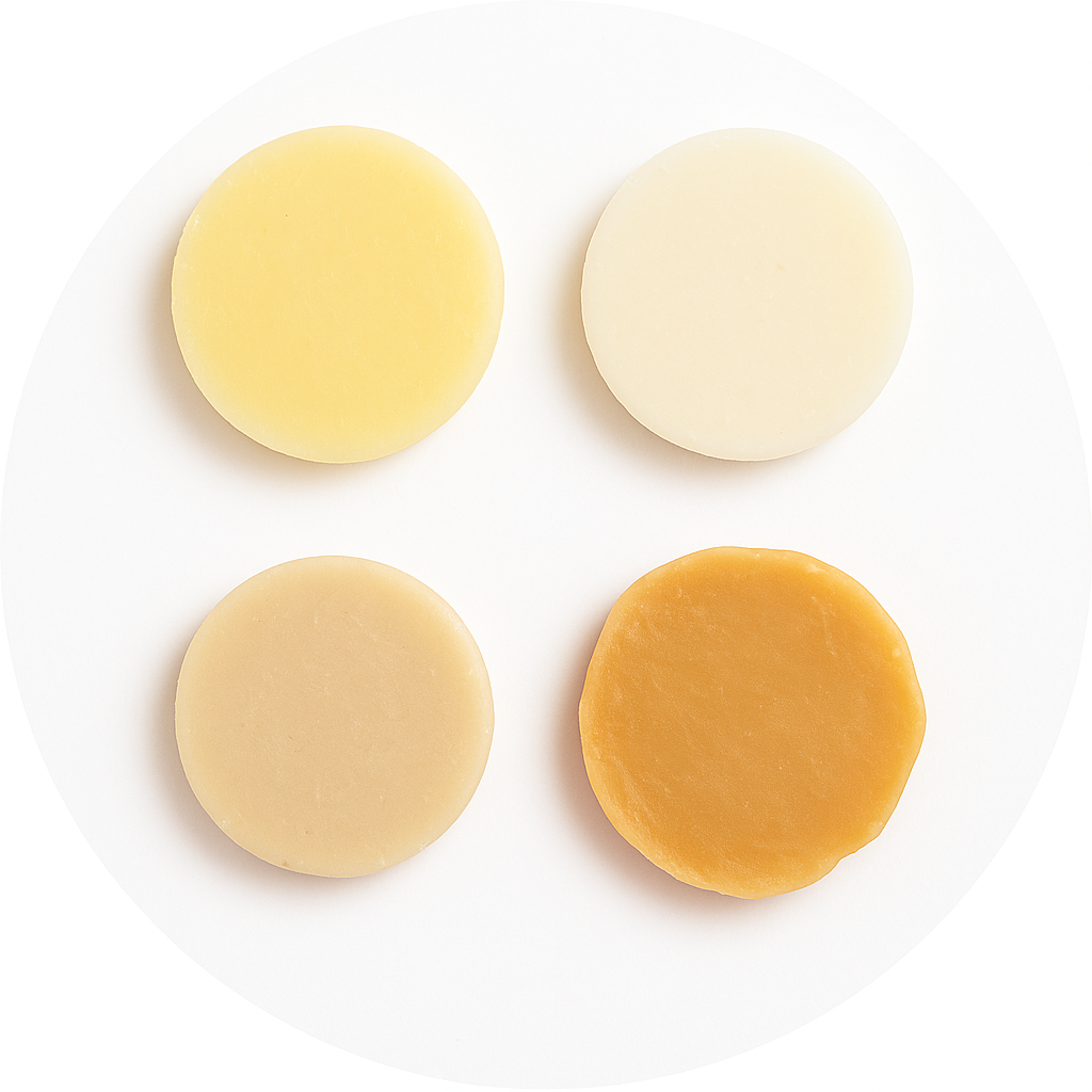 Four solid round wax pieces in shades of ivory and beige arranged on a white background, representing natural cosmetic waxes