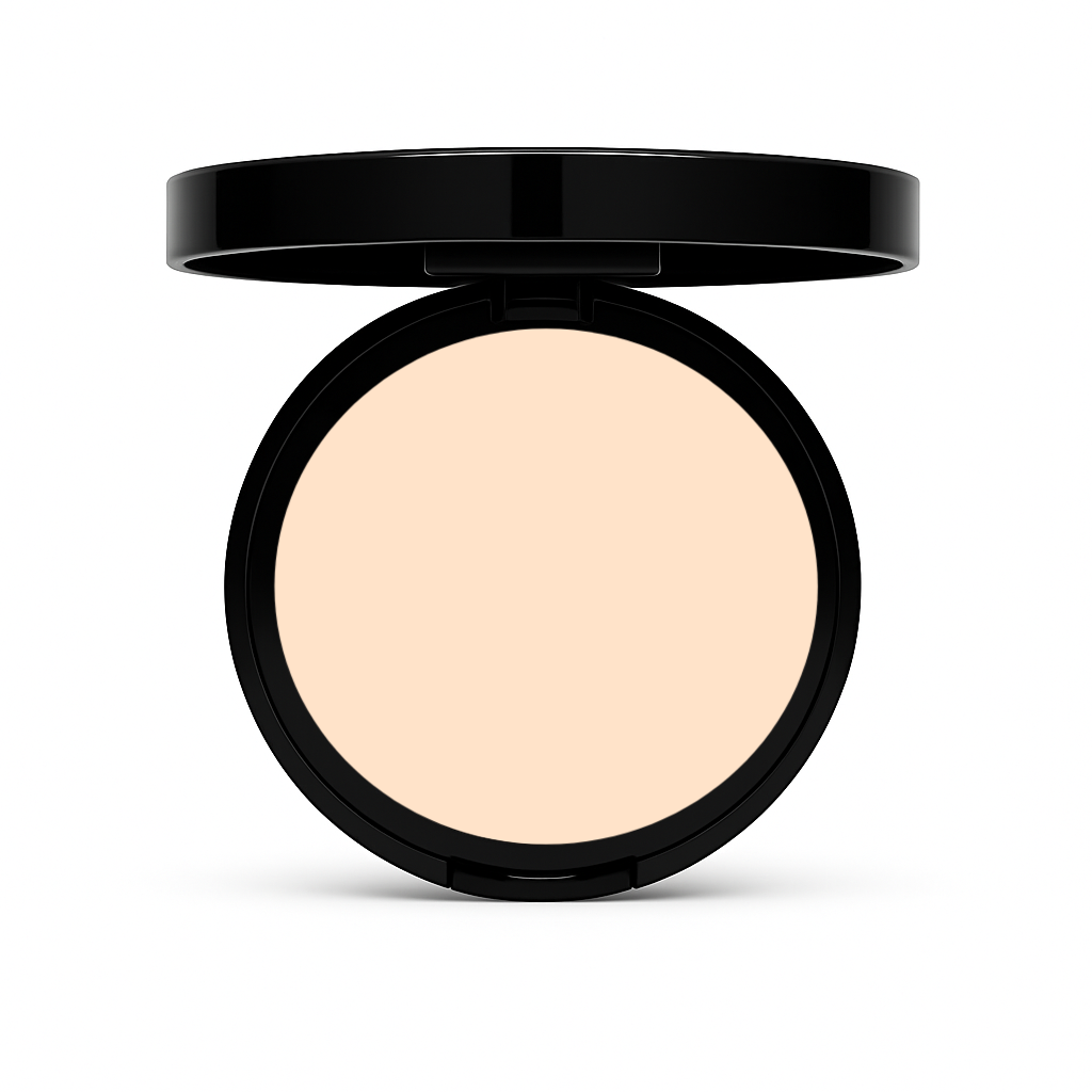 Open black Matte Powder Foundation compact in Wheat with light golden-beige powder for light-medium skin on white background