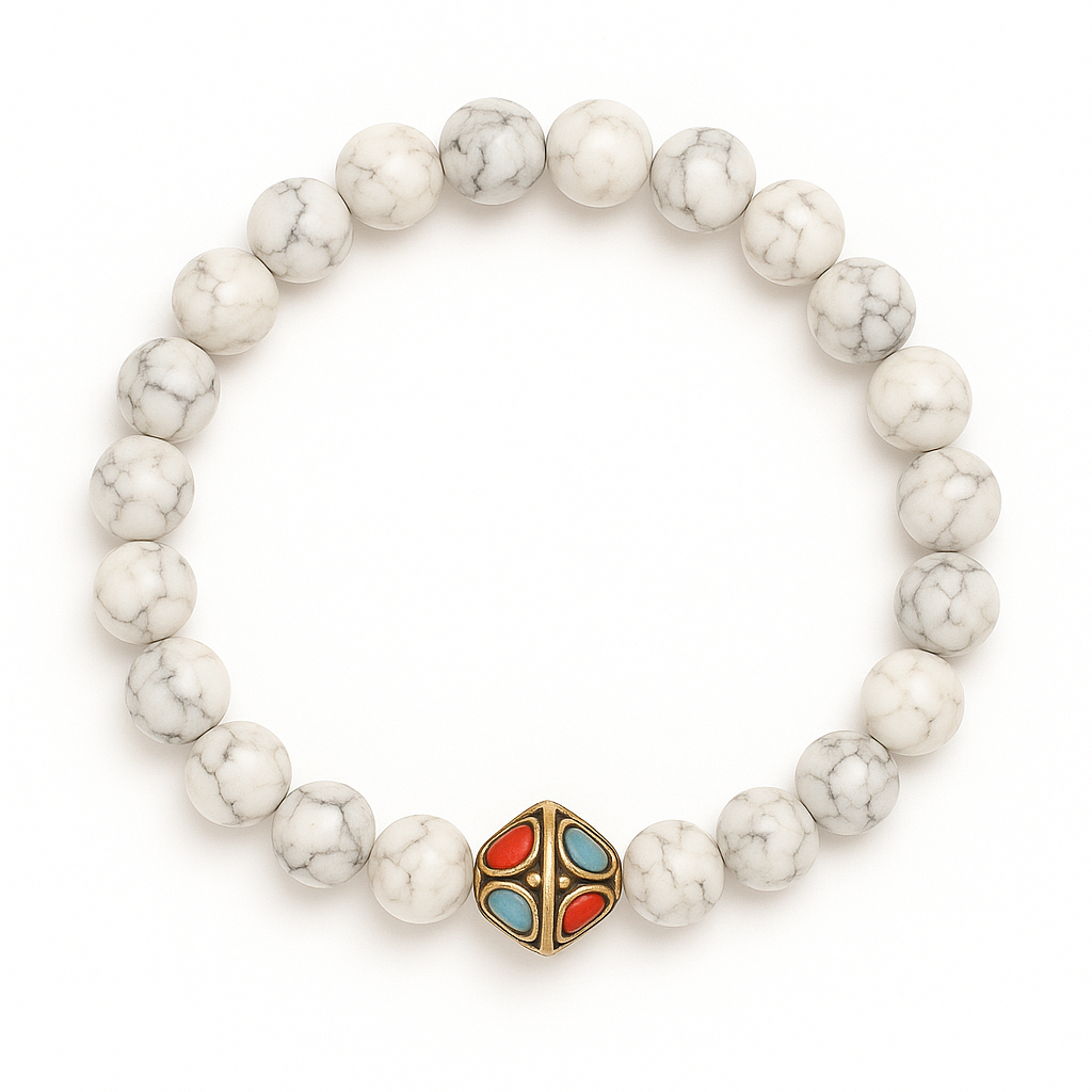 Round 8mm white howlite stretch cord bracelet on a white background