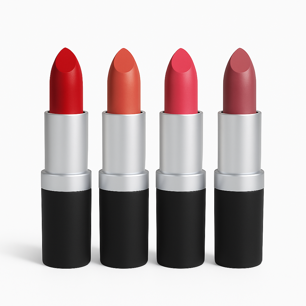 Four non-toxic lipsticks in sleek black and silver tubes stand upright on a pure white background, reflecting a clean, intentional approach to beauty. The satin-finish shades—vibrant red, warm coral, bright pink, and soft mauve—highlight a commitment to conscious color and timeless elegance.