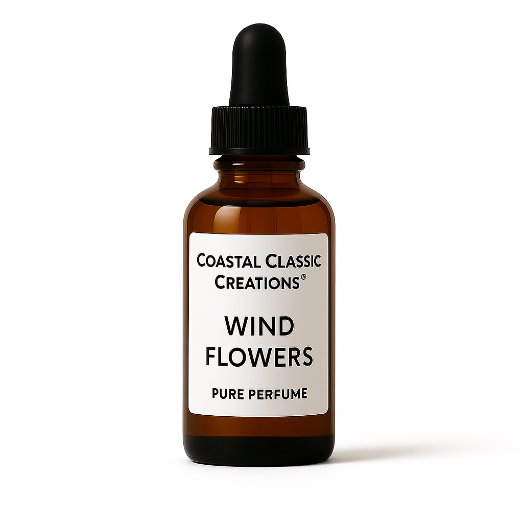 Wind Flowers Type Pure Perfume by Coastal Classic Creations®, displayed in a clear bottle with a clean white label for a soft, elegant presentation
