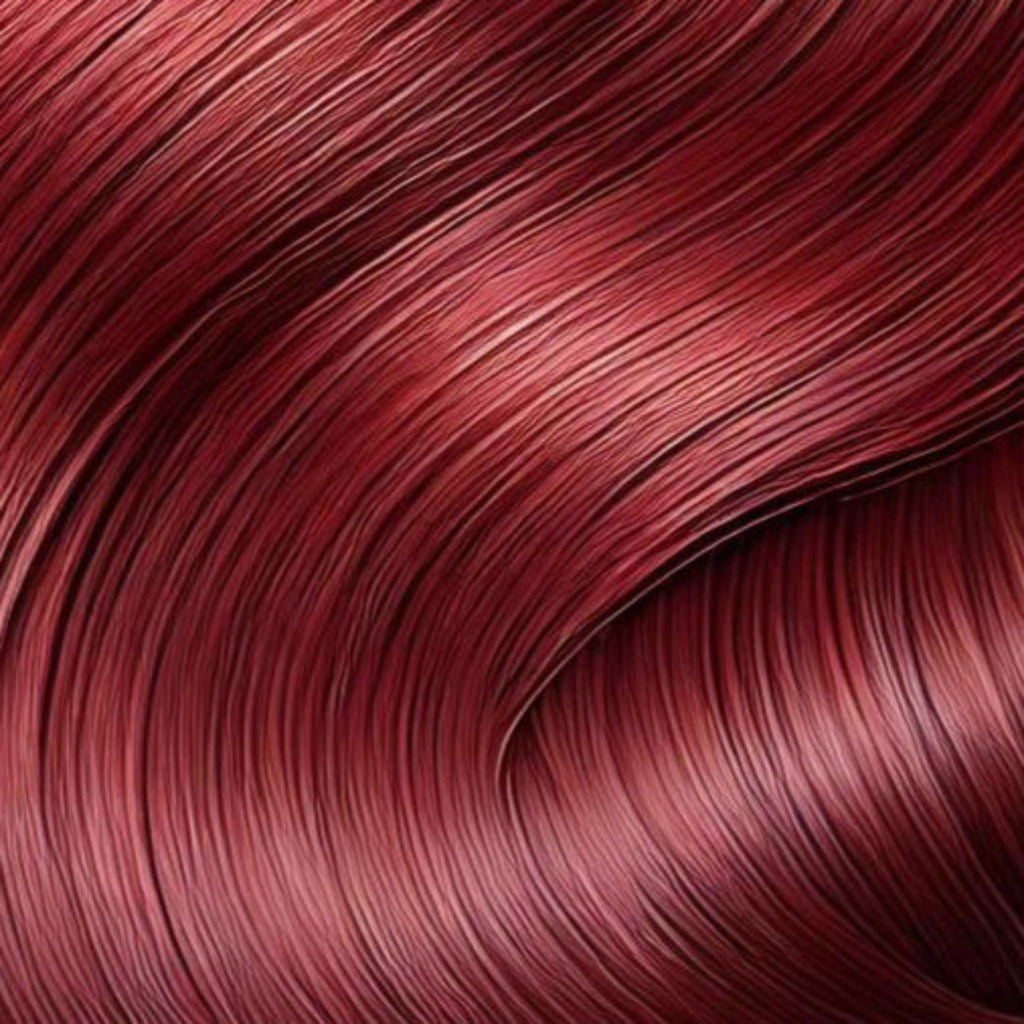Swatch of wine red henna-colored hair showing rich burgundy tones 