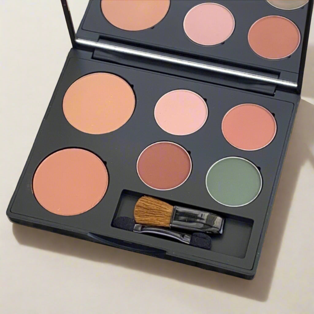 Warm palette with four eyeshadows and two blush pans for warm skin tones