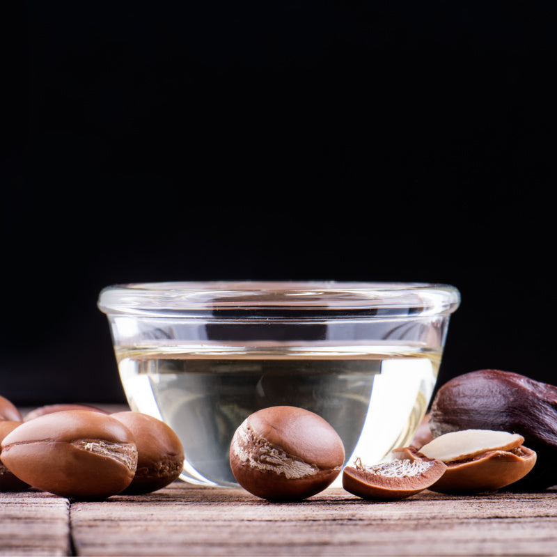 Glass bowl of argan oil surrounded by argan nuts representing product ingredient