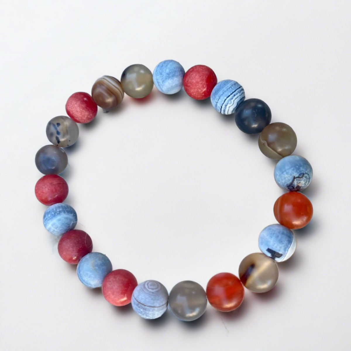 Matte carnelian and agate red, blue, and tan mala bracelet for self-confidence