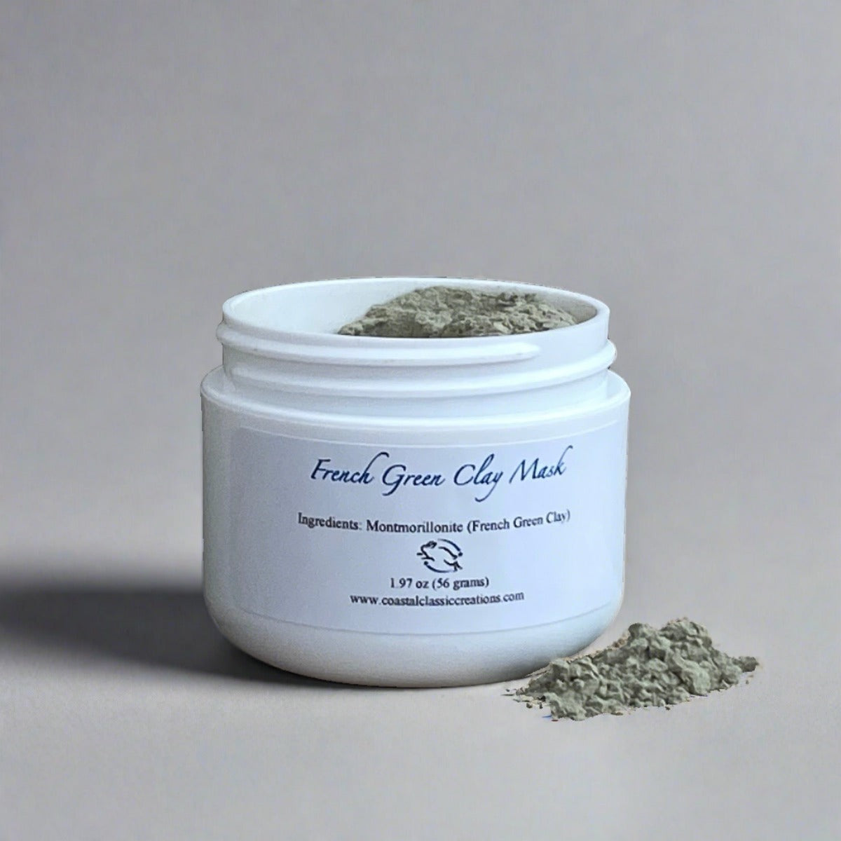 White jar of French green clay for purifying and detoxifying the skin