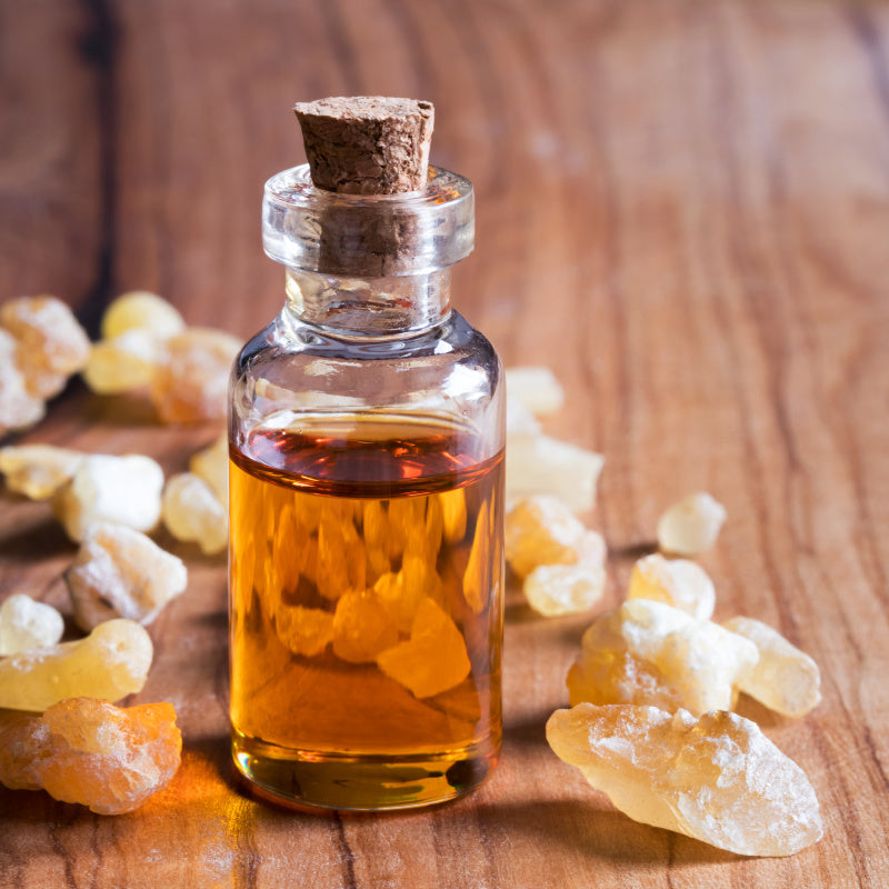 Glass bottle of frankincense oil representing product ingredient