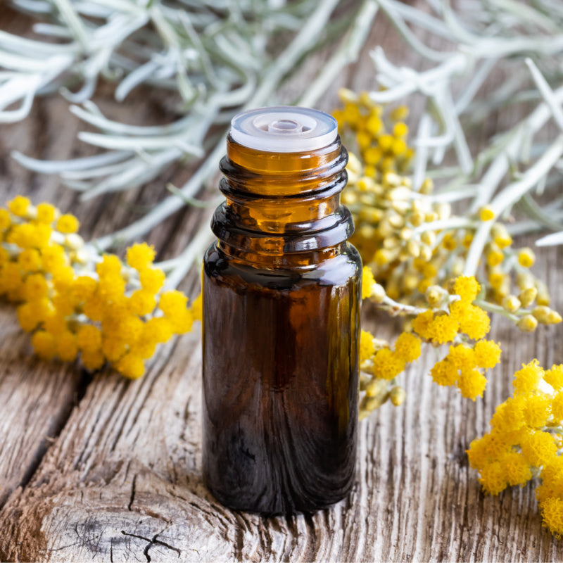 Bottle of helichrysum oil surrounded by helichrysum flowers representing product ingredient 