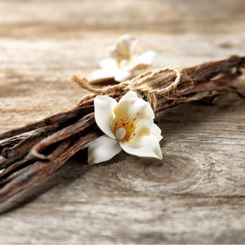 Closeup of dried vanilla tied with a hemp string and accented with a white orchid on a wooden table